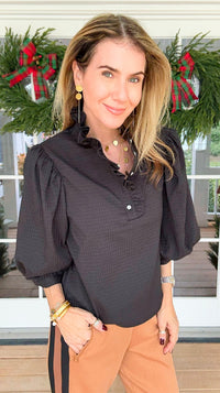 Florence Ruffle Blouse - Black-110 Short Sleeve Tops-GLAM-Coastal Bloom Boutique, find the trendiest versions of the popular styles and looks Located in Indialantic, FL