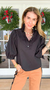 Florence Ruffle Blouse - Black-110 Short Sleeve Tops-GLAM-Coastal Bloom Boutique, find the trendiest versions of the popular styles and looks Located in Indialantic, FL