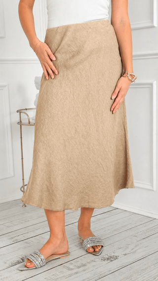Flowy Linen Italian Skirt- Light Camel