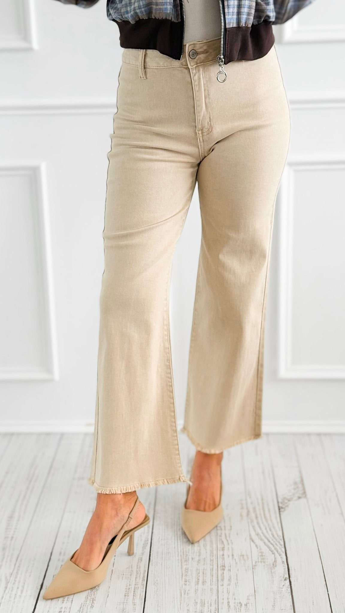 Frayed Hem Bootcut Pants - Sand Beige-170 Bottoms-Zenana-Coastal Bloom Boutique, find the trendiest versions of the popular styles and looks Located in Indialantic, FL