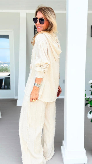 Frayed Textured Hooded Button Front Shirt