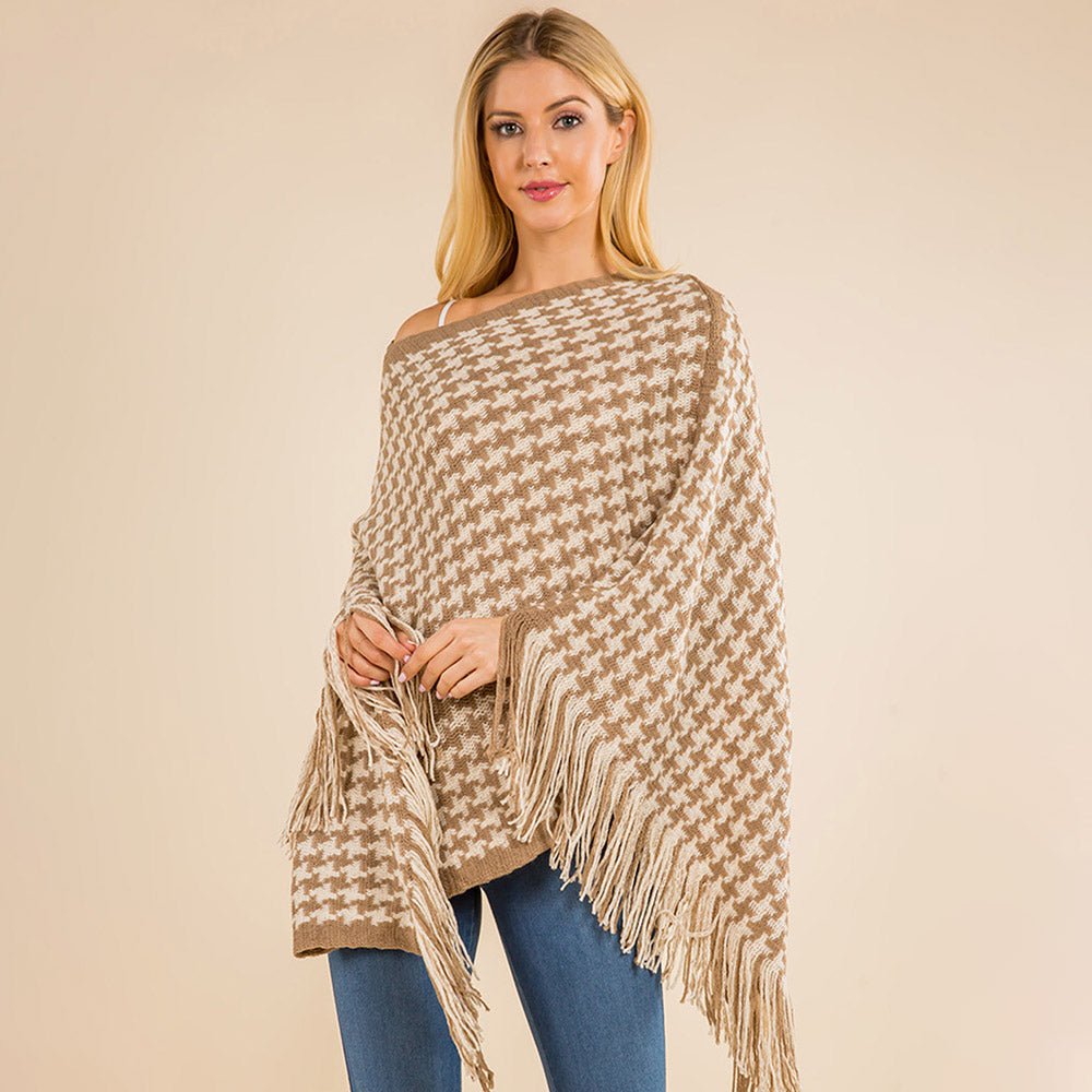 Fringe Hem Houndstooth Knit Poncho-150 Cardigans/Layers-NYW-Coastal Bloom Boutique, find the trendiest versions of the popular styles and looks Located in Indialantic, FL