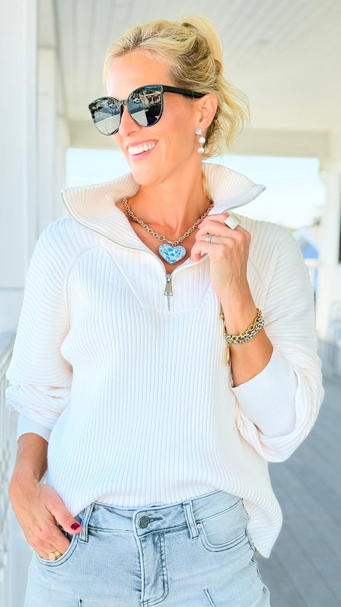 Front Zip Collared Pullover - White-140 Sweaters-GLAM-Coastal Bloom Boutique, find the trendiest versions of the popular styles and looks Located in Indialantic, FL