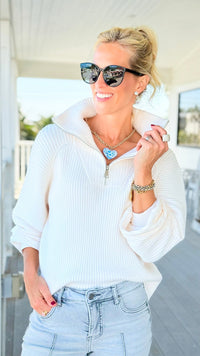 Front Zip Collared Pullover - White-140 Sweaters-GLAM-Coastal Bloom Boutique, find the trendiest versions of the popular styles and looks Located in Indialantic, FL