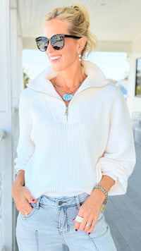 Front Zip Collared Pullover - White-140 Sweaters-GLAM-Coastal Bloom Boutique, find the trendiest versions of the popular styles and looks Located in Indialantic, FL