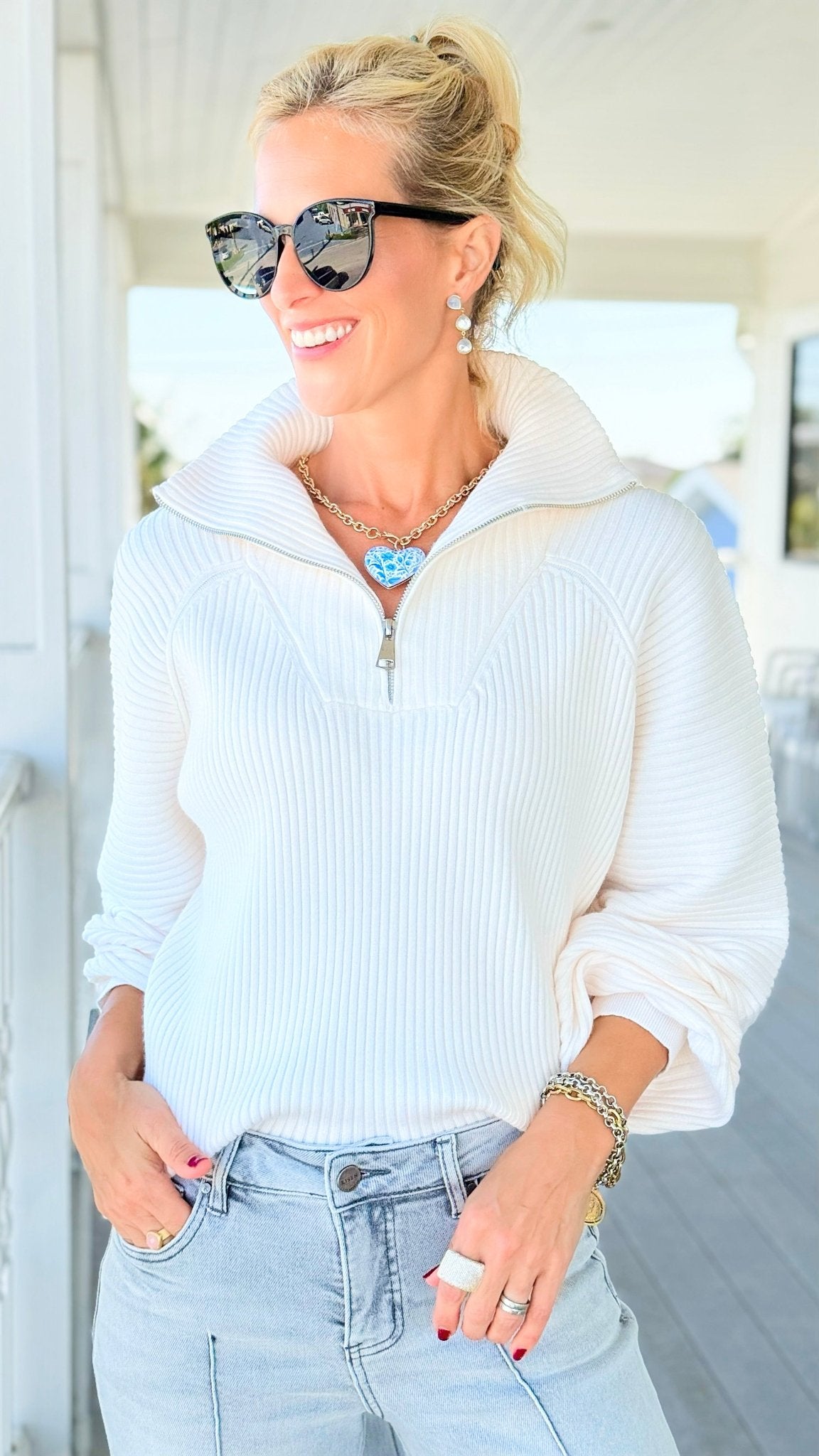 Front Zip Collared Pullover - White-140 Sweaters-GLAM-Coastal Bloom Boutique, find the trendiest versions of the popular styles and looks Located in Indialantic, FL