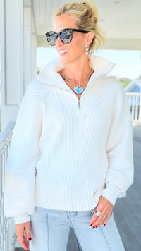 Front Zip Collared Pullover - White-140 Sweaters-GLAM-Coastal Bloom Boutique, find the trendiest versions of the popular styles and looks Located in Indialantic, FL