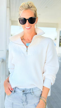Front Zip Collared Pullover - White-140 Sweaters-GLAM-Coastal Bloom Boutique, find the trendiest versions of the popular styles and looks Located in Indialantic, FL