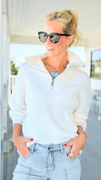 Front Zip Collared Pullover - White-140 Sweaters-GLAM-Coastal Bloom Boutique, find the trendiest versions of the popular styles and looks Located in Indialantic, FL