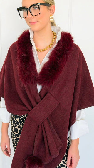 Fur Collar Wrap Poncho - Burgundy