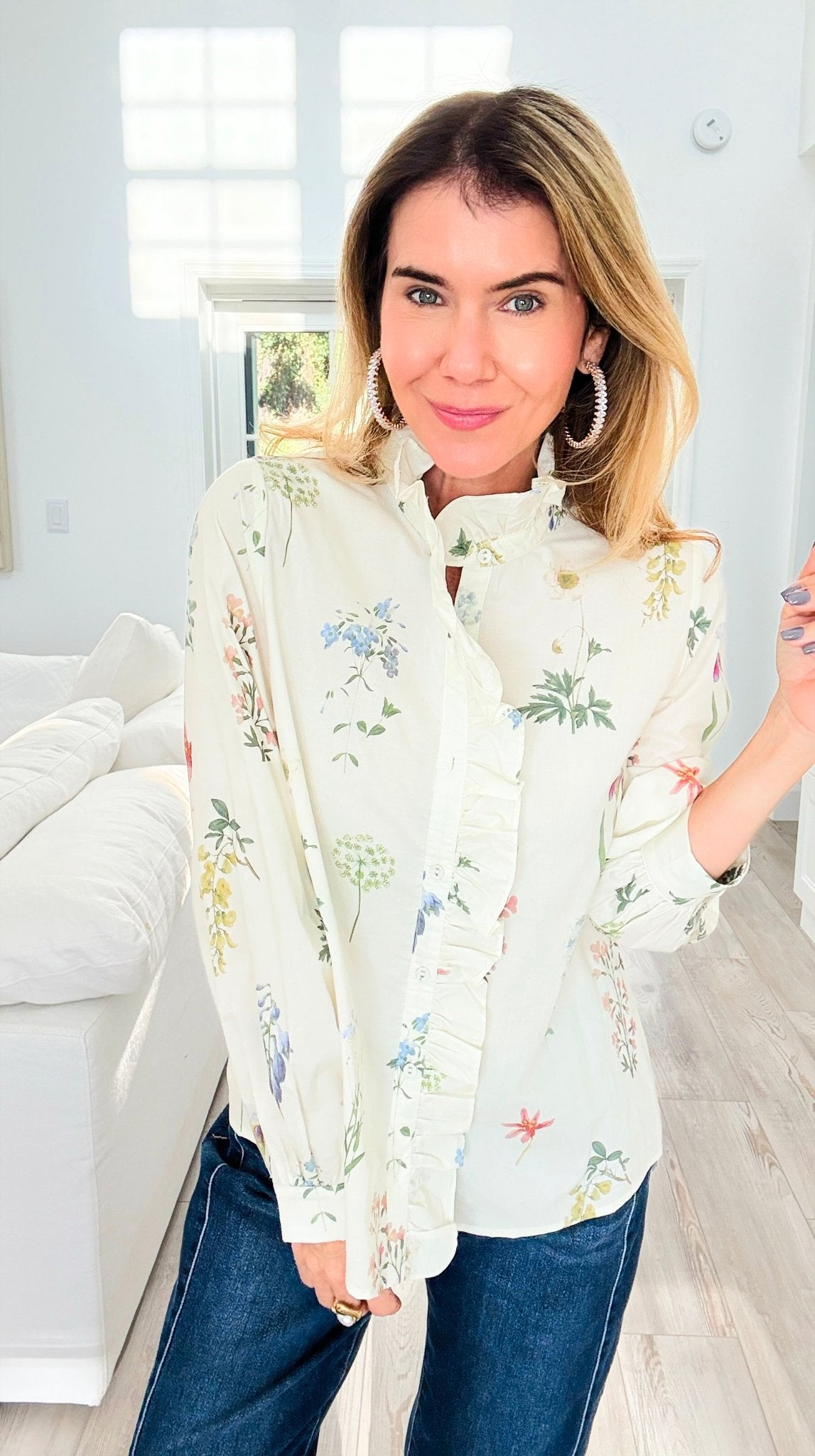 Garden Daydream Ruffled Collared Top-130 Long Sleeve Tops-JODIFL-Coastal Bloom Boutique, find the trendiest versions of the popular styles and looks Located in Indialantic, FL