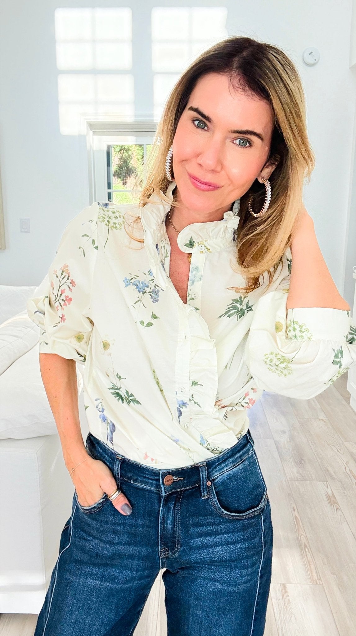 Garden Daydream Ruffled Collared Top-130 Long Sleeve Tops-JODIFL-Coastal Bloom Boutique, find the trendiest versions of the popular styles and looks Located in Indialantic, FL