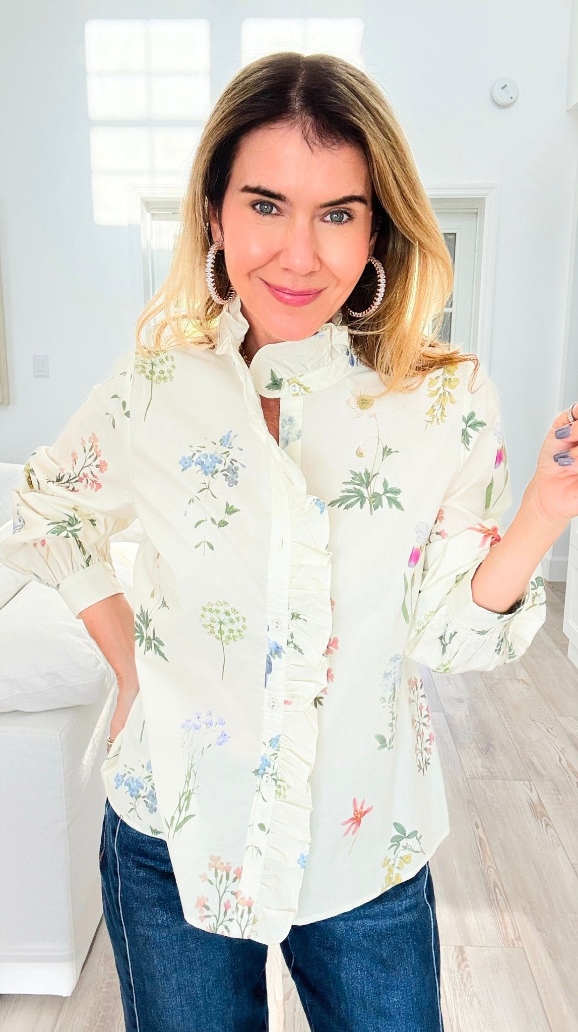 Garden Daydream Ruffled Collared Top-130 Long Sleeve Tops-JODIFL-Coastal Bloom Boutique, find the trendiest versions of the popular styles and looks Located in Indialantic, FL