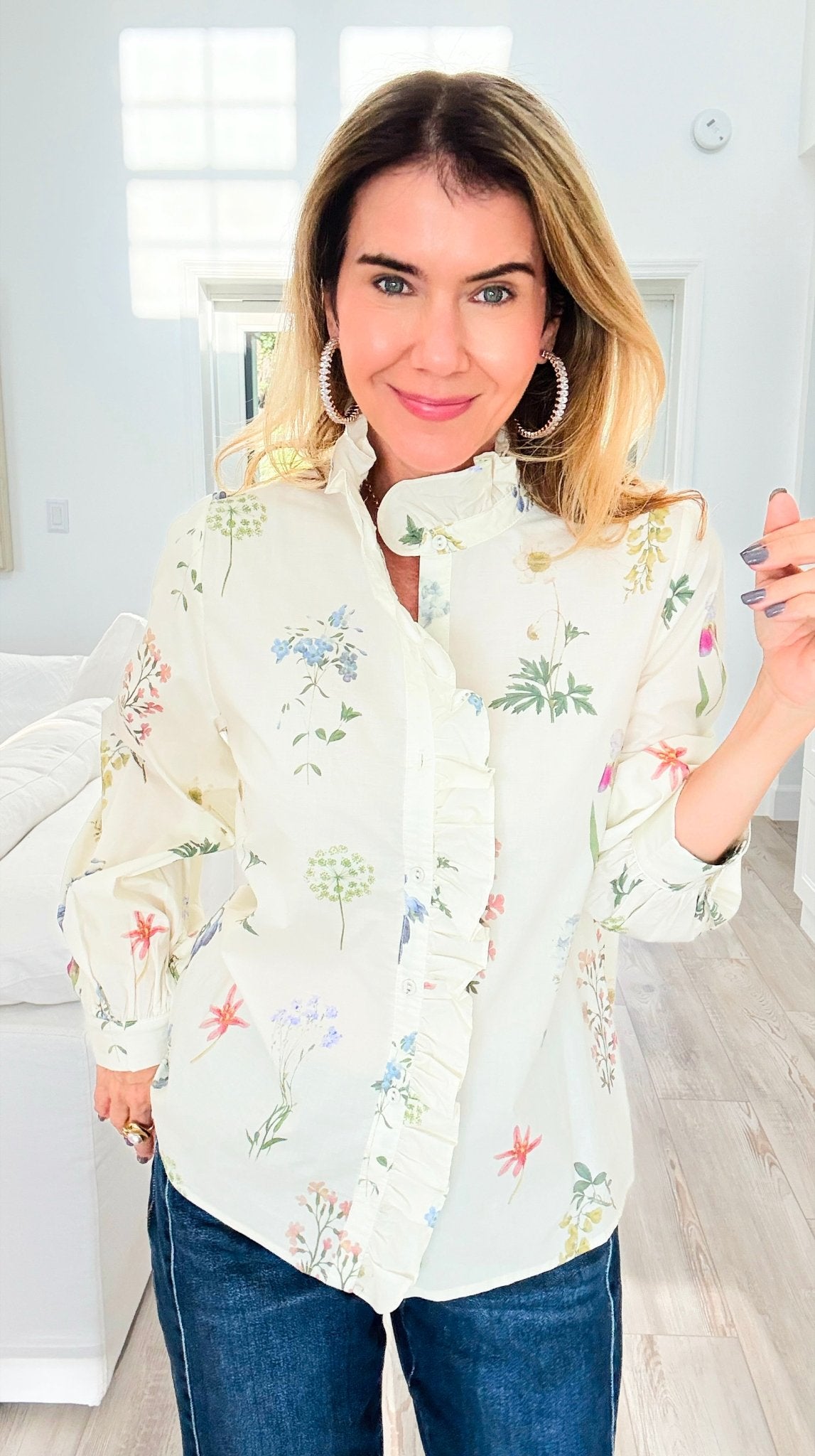 Garden Daydream Ruffled Collared Top-130 Long Sleeve Tops-JODIFL-Coastal Bloom Boutique, find the trendiest versions of the popular styles and looks Located in Indialantic, FL