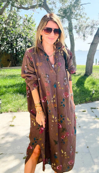 Garden Linen Italian Button Midi Dress- Chocolate