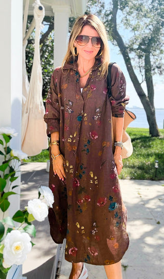 Garden Linen Italian Button Midi Dress- Chocolate