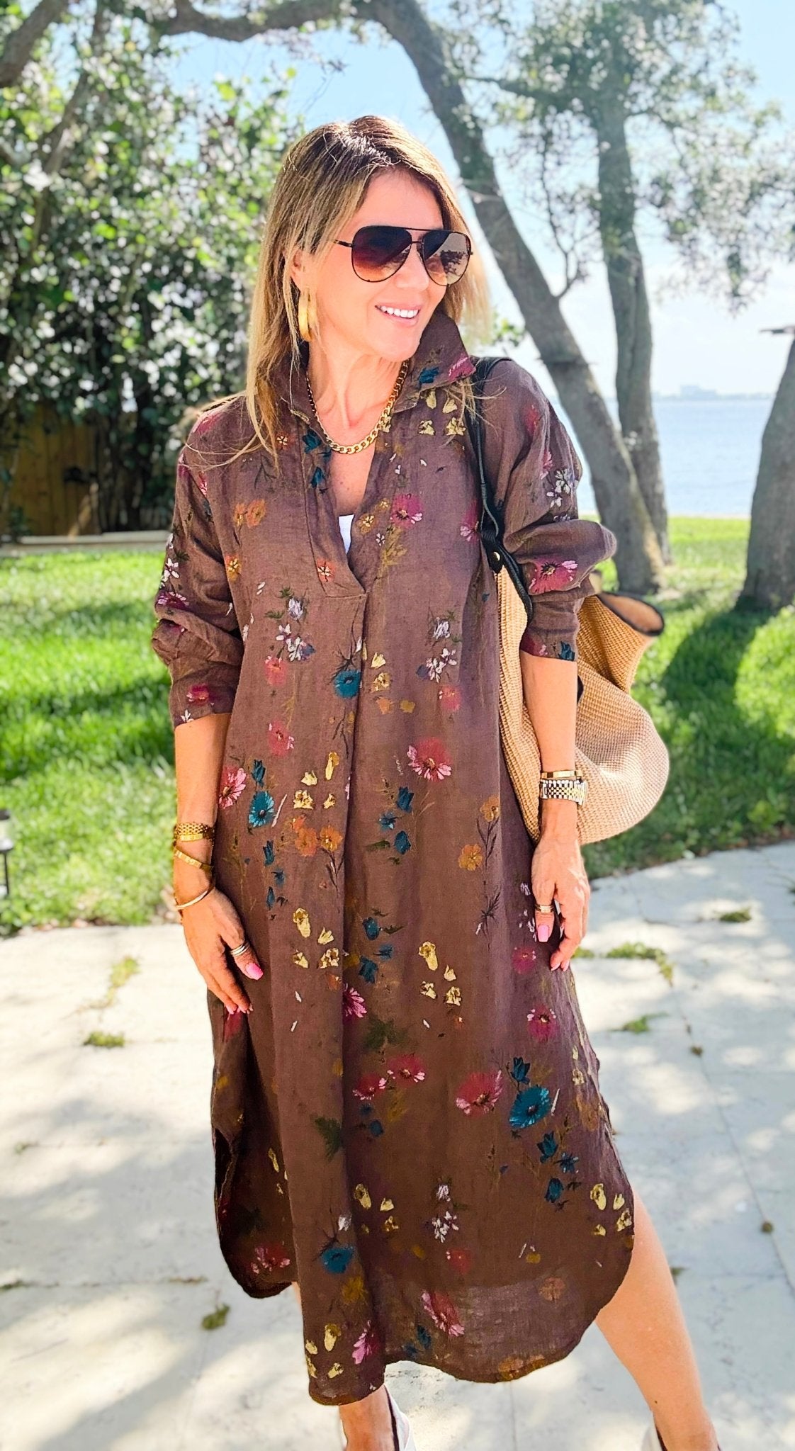 Garden Linen Italian Button Midi Dress- Chocolate