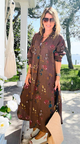 Garden Linen Italian Button Midi Dress- Chocolate