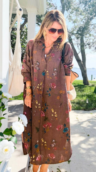 Garden Linen Italian Button Midi Dress- Chocolate