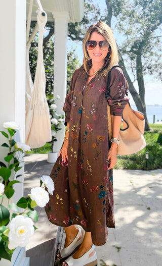 Garden Linen Italian Button Midi Dress- Chocolate