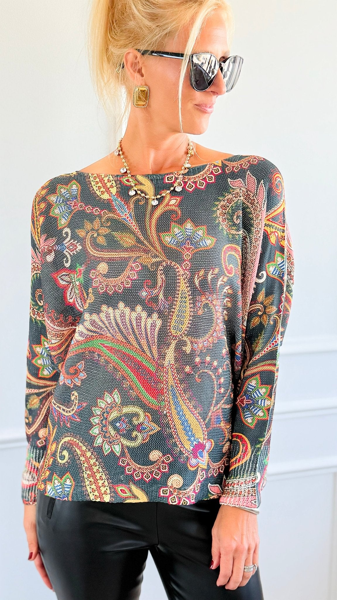 Garden Of Paisley Italian St Tropez Sweater- Dark Teal-140 Sweaters-SORPRESA-Coastal Bloom Boutique, find the trendiest versions of the popular styles and looks Located in Indialantic, FL