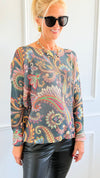 Garden Of Paisley Italian St Tropez Sweater- Dark Teal-140 Sweaters-SORPRESA-Coastal Bloom Boutique, find the trendiest versions of the popular styles and looks Located in Indialantic, FL