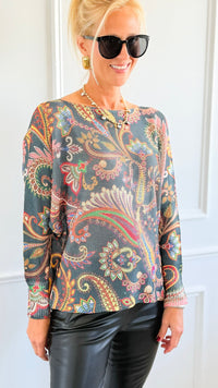 Garden Of Paisley Italian St Tropez Sweater- Dark Teal-140 Sweaters-SORPRESA-Coastal Bloom Boutique, find the trendiest versions of the popular styles and looks Located in Indialantic, FL