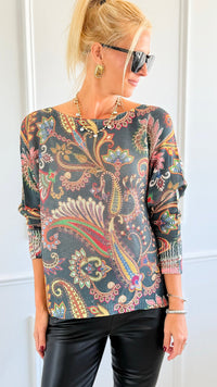 Garden Of Paisley Italian St Tropez Sweater- Dark Teal-140 Sweaters-SORPRESA-Coastal Bloom Boutique, find the trendiest versions of the popular styles and looks Located in Indialantic, FL