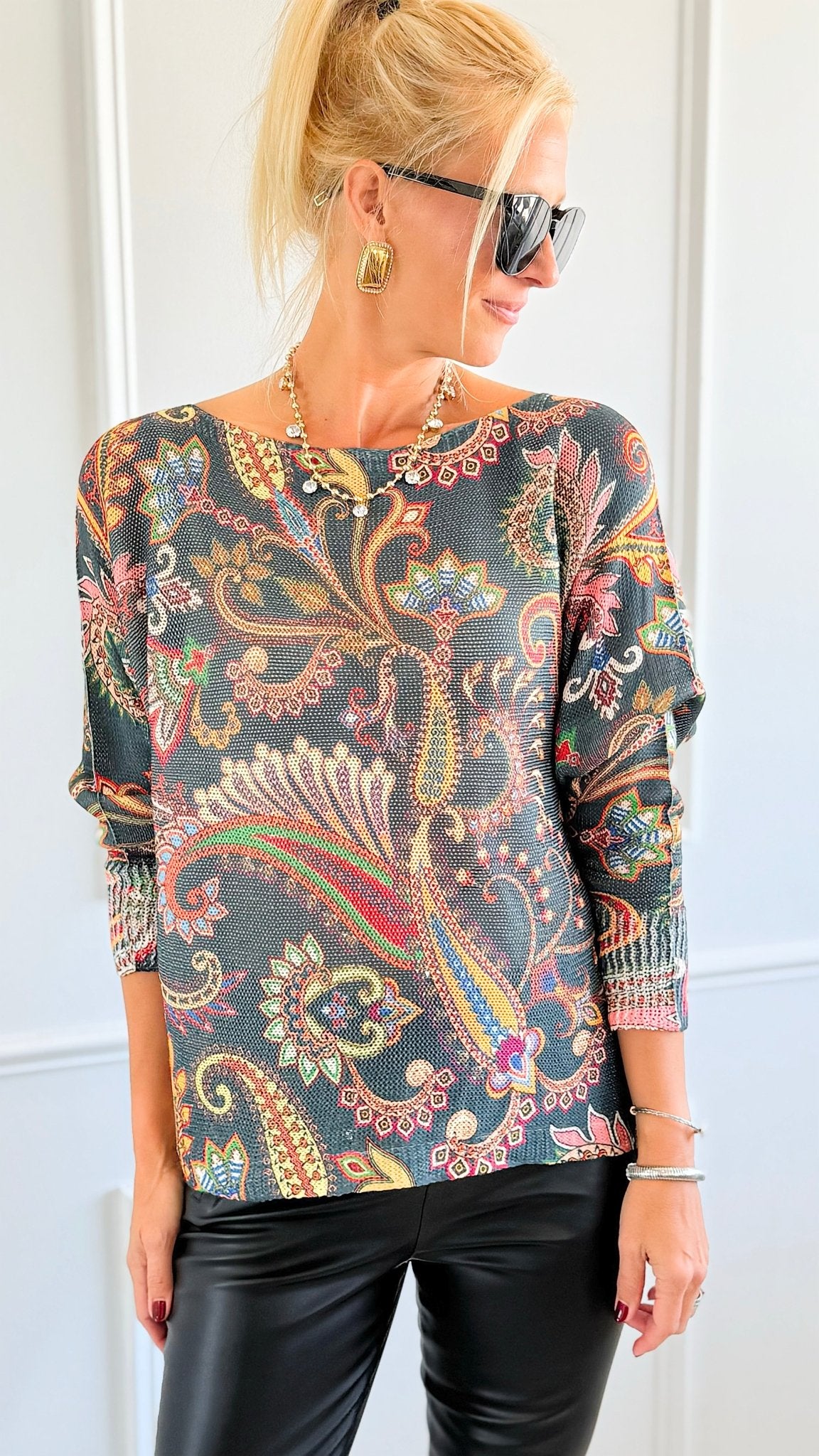 Garden Of Paisley Italian St Tropez Sweater- Dark Teal-140 Sweaters-SORPRESA-Coastal Bloom Boutique, find the trendiest versions of the popular styles and looks Located in Indialantic, FL