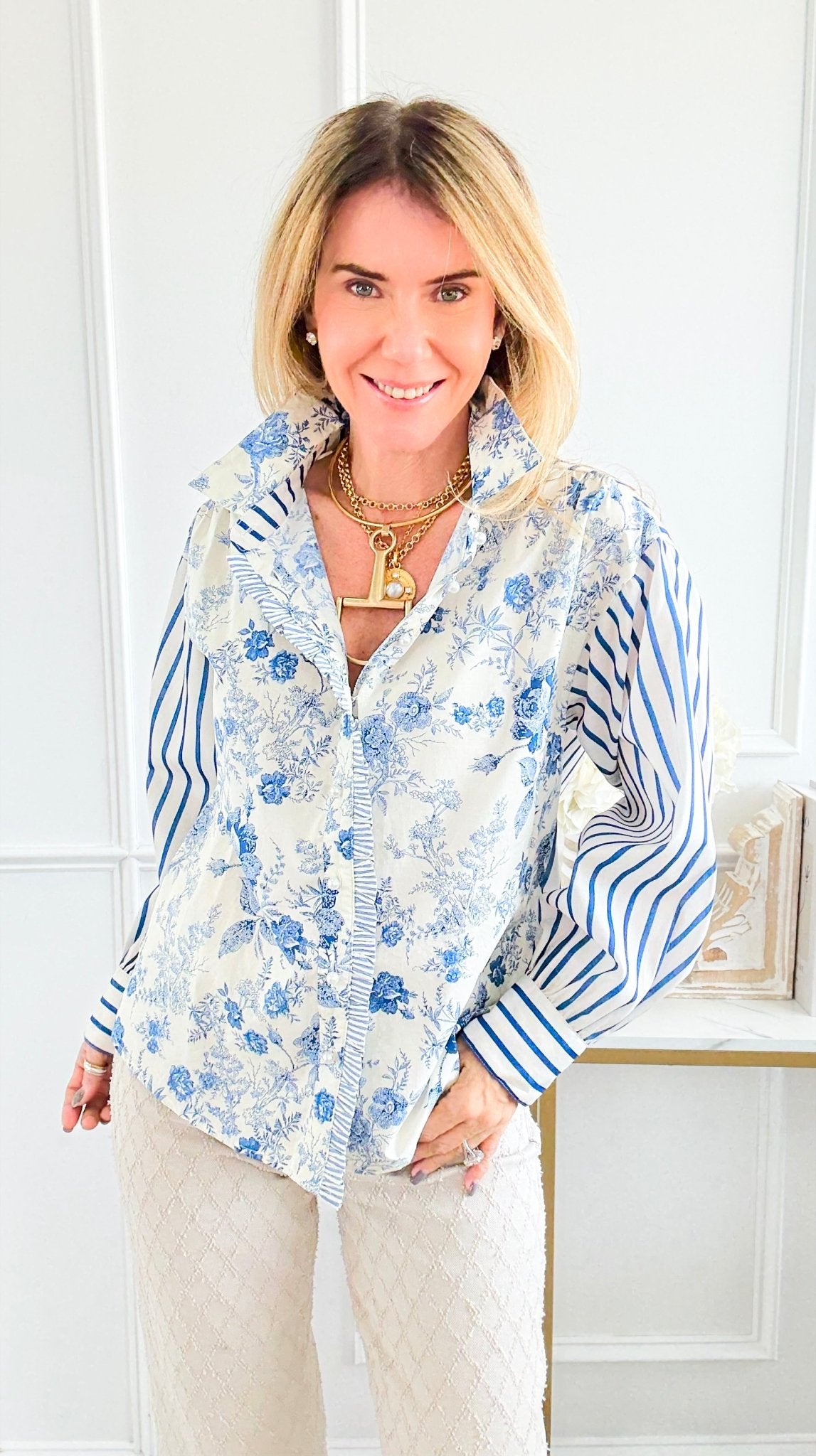 Garden Poise Mixed-Print Button Down Top-130 Long Sleeve Tops-JODIFL-Coastal Bloom Boutique, find the trendiest versions of the popular styles and looks Located in Indialantic, FL