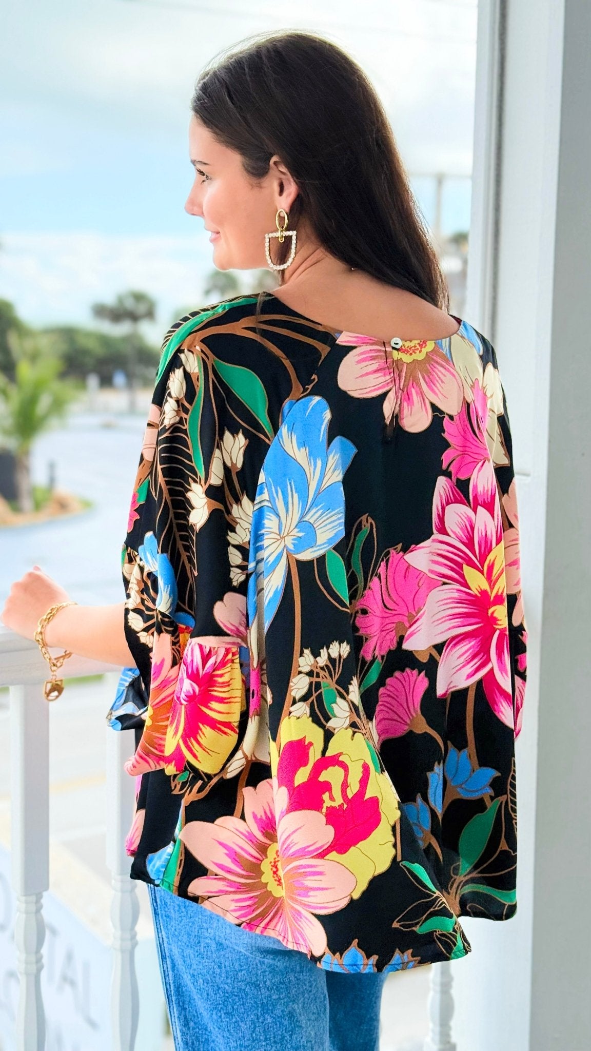 Garden Symphony Kimono Sleeve Top - Black