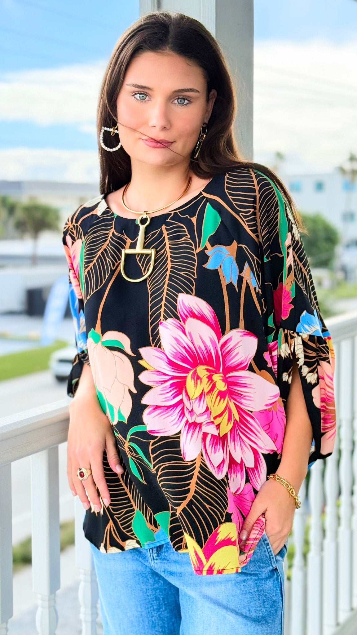 Garden Symphony Kimono Sleeve Top - Black