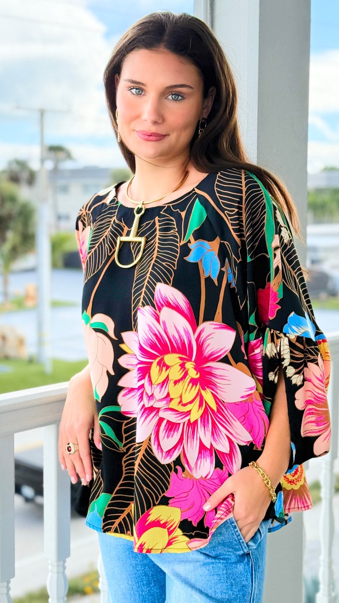 Garden Symphony Kimono Sleeve Top - Black