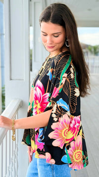 Garden Symphony Kimono Sleeve Top - Black