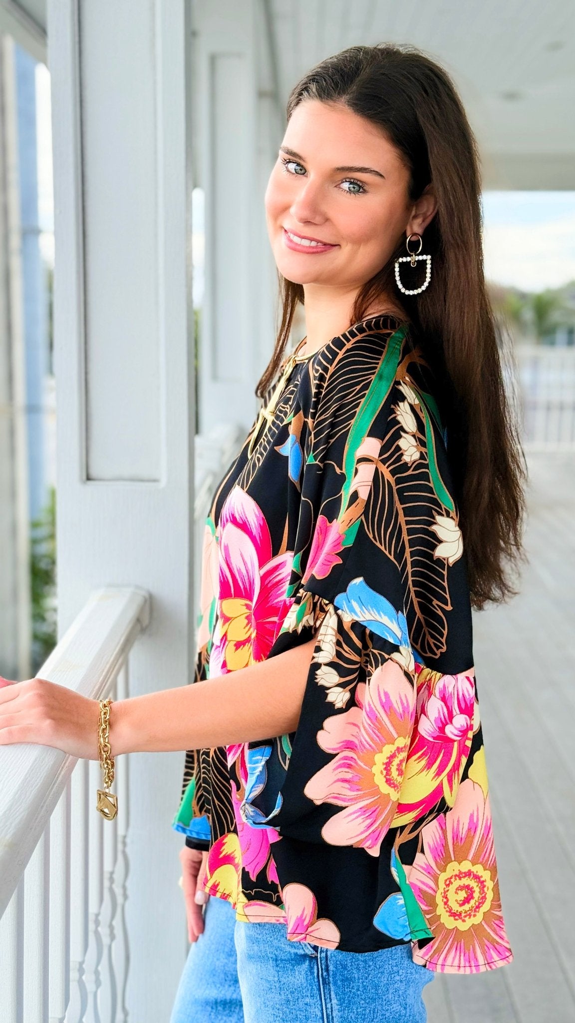 Garden Symphony Kimono Sleeve Top - Black