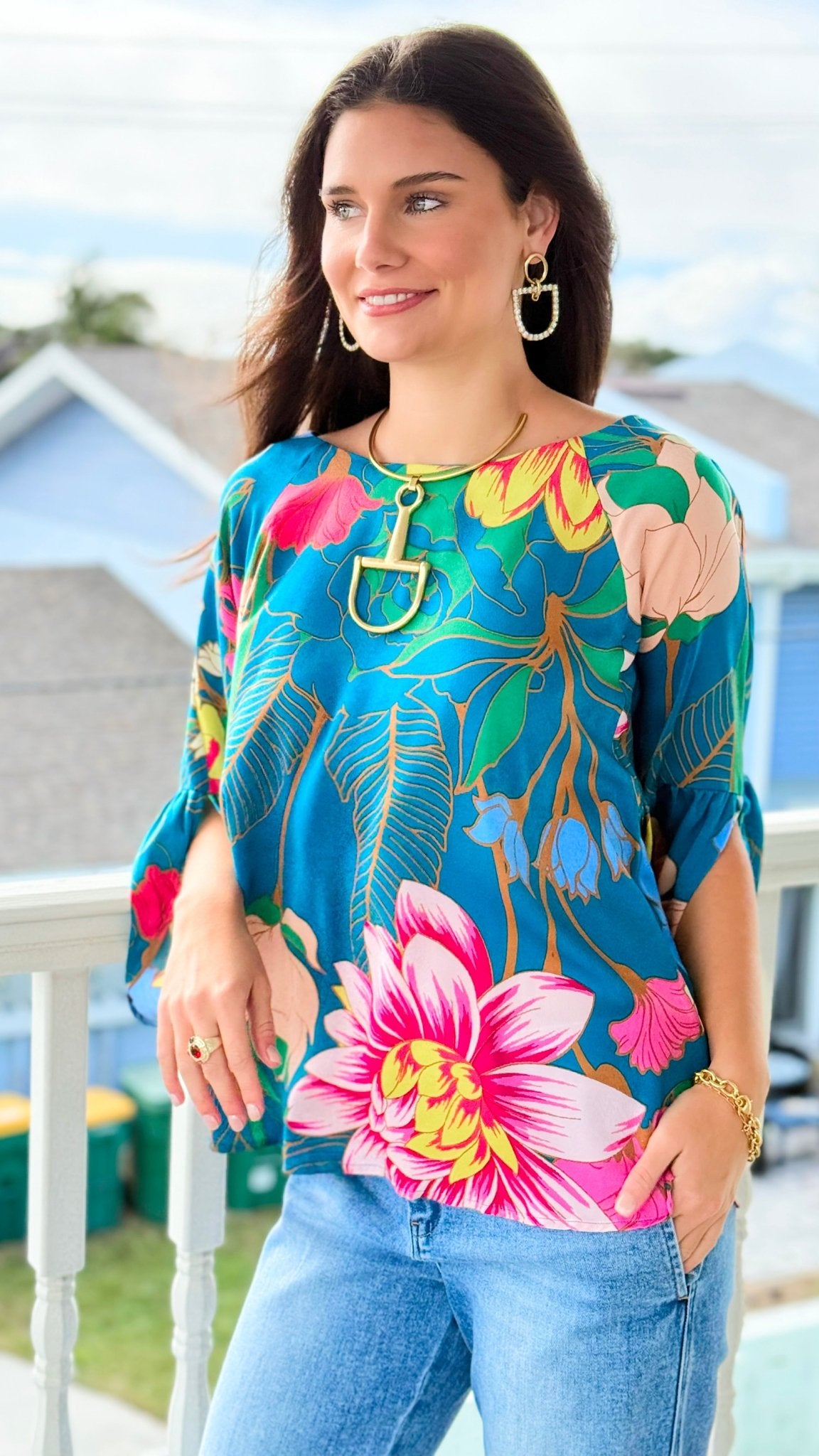 Garden Symphony Kimono Sleeve Top - Teal