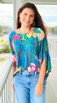 Garden Symphony Kimono Sleeve Top - Teal