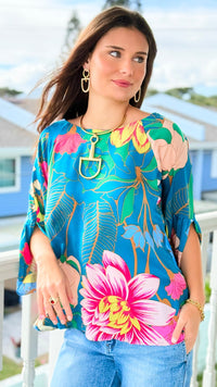Garden Symphony Kimono Sleeve Top - Teal