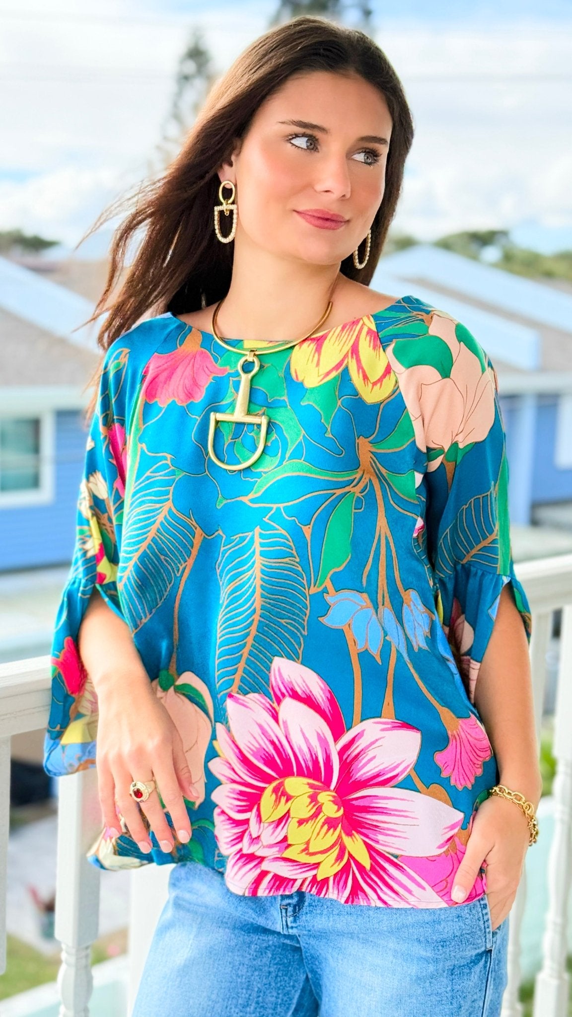 Garden Symphony Kimono Sleeve Top - Teal