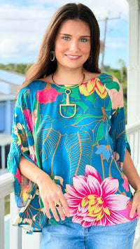 Garden Symphony Kimono Sleeve Top - Teal