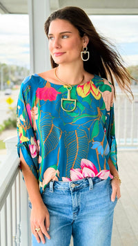 Garden Symphony Kimono Sleeve Top - Teal