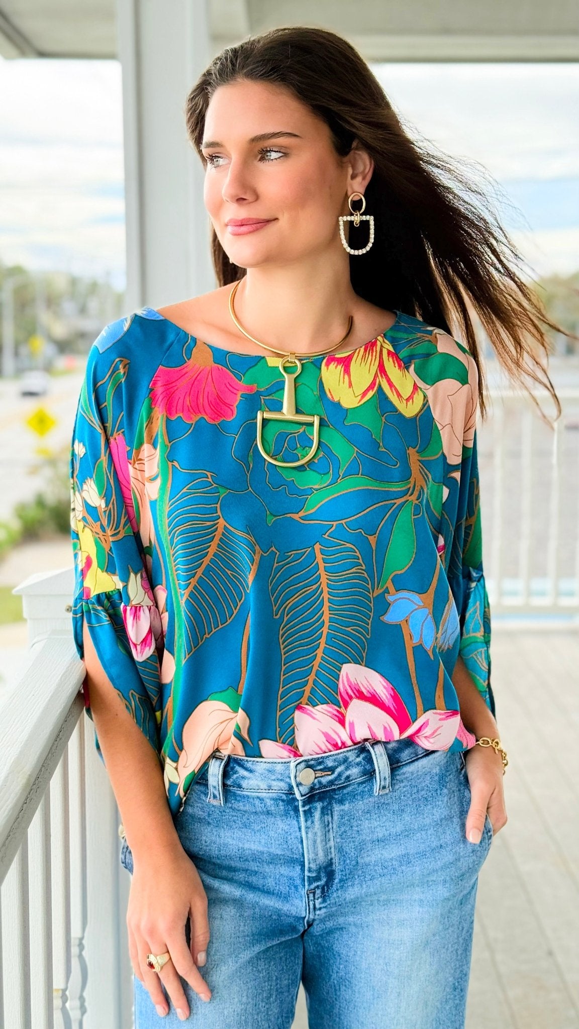 Garden Symphony Kimono Sleeve Top - Teal