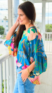 Garden Symphony Kimono Sleeve Top - Teal