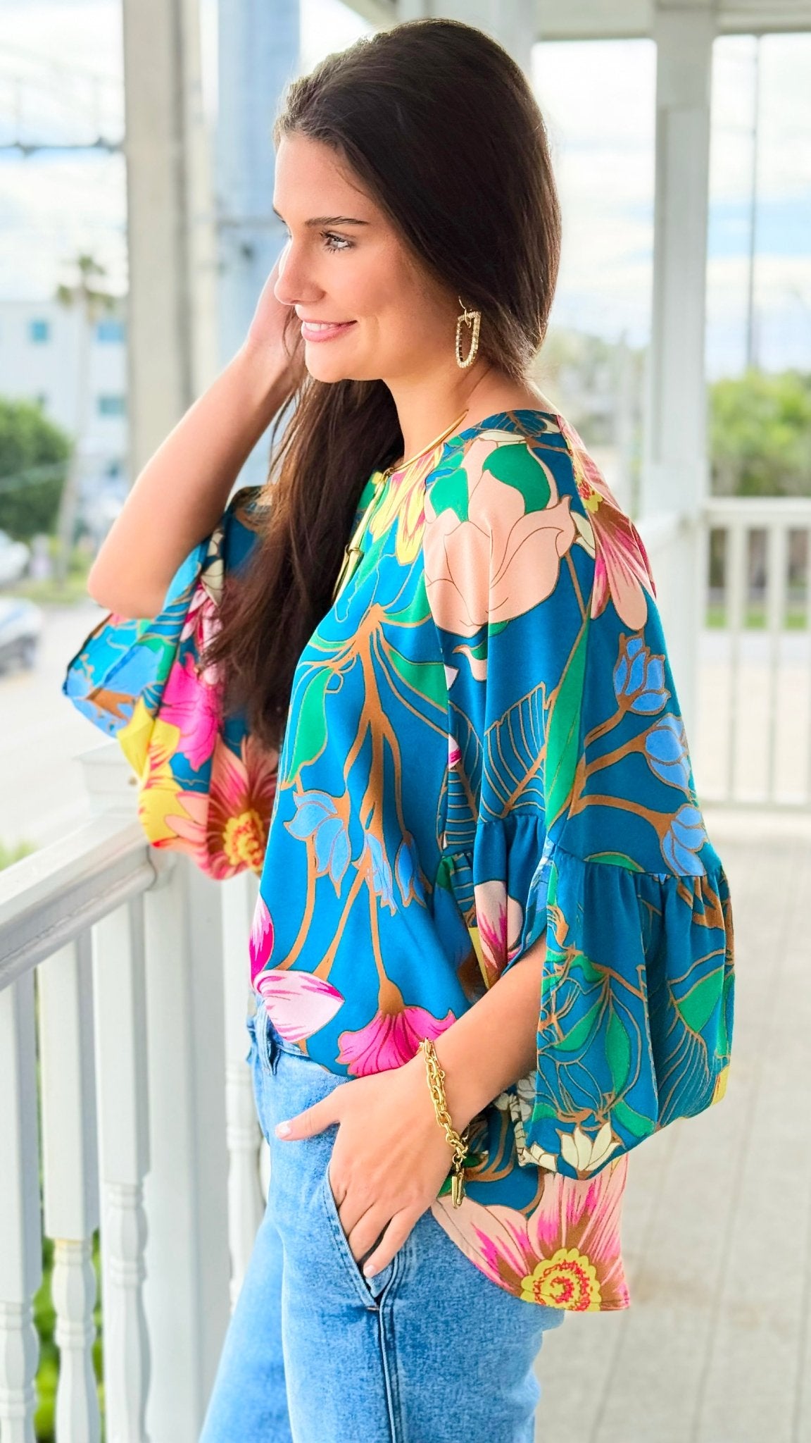 Garden Symphony Kimono Sleeve Top - Teal