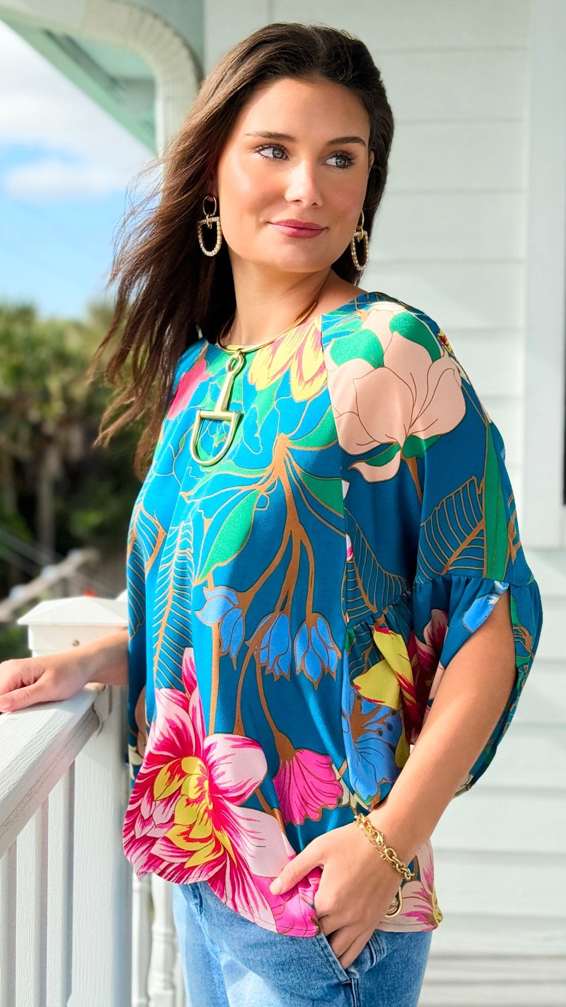 Garden Symphony Kimono Sleeve Top - Teal