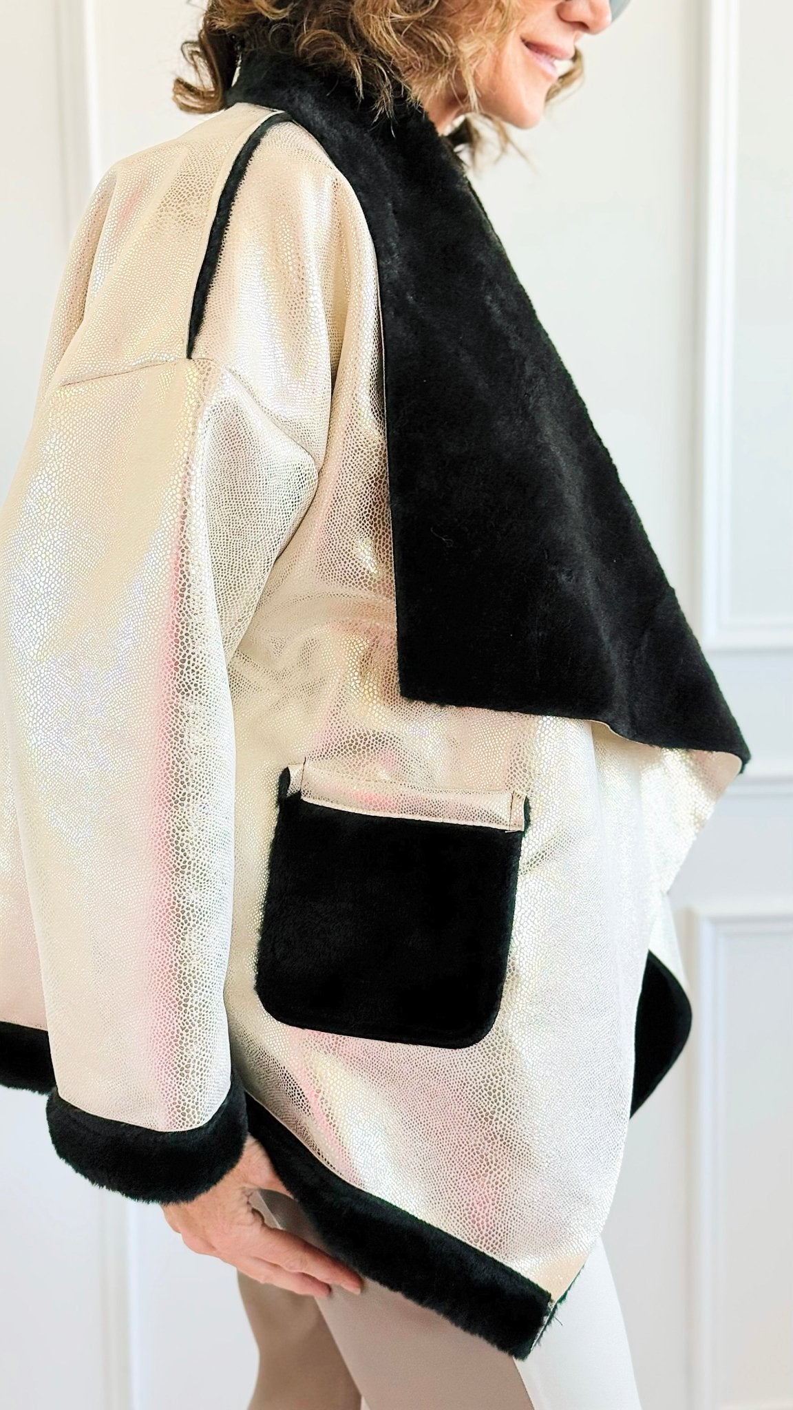 Gilded Contrast Faux Fur Italian Jacket-160 Jackets-MILAN SLV-Coastal Bloom Boutique, find the trendiest versions of the popular styles and looks Located in Indialantic, FL