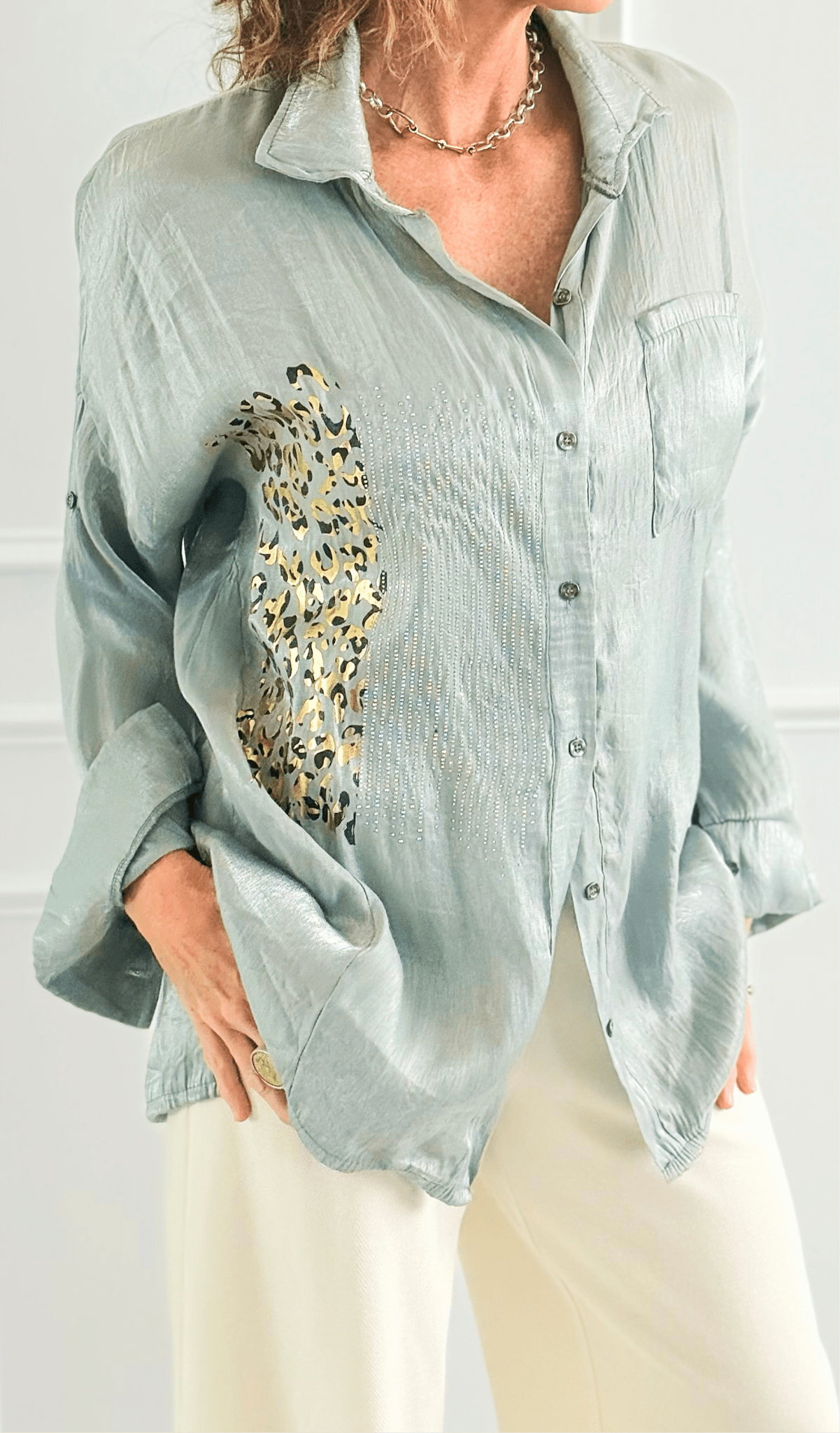 Gilded Wild Italian Blouse- Silver-110 Long Sleeve Tops-GI STUDIO-Coastal Bloom Boutique, find the trendiest versions of the popular styles and looks Located in Indialantic, FL