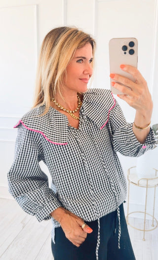 Gingham Ruffled Classical Blouse