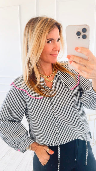 Gingham Ruffled Classical Blouse