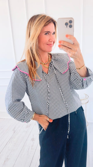 Gingham Ruffled Classical Blouse
